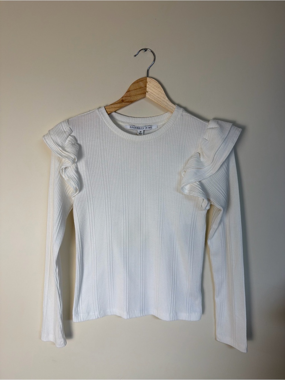 Celebrity Pink White Ribbed Long Sleeve Top with Ruffle Shoulders
